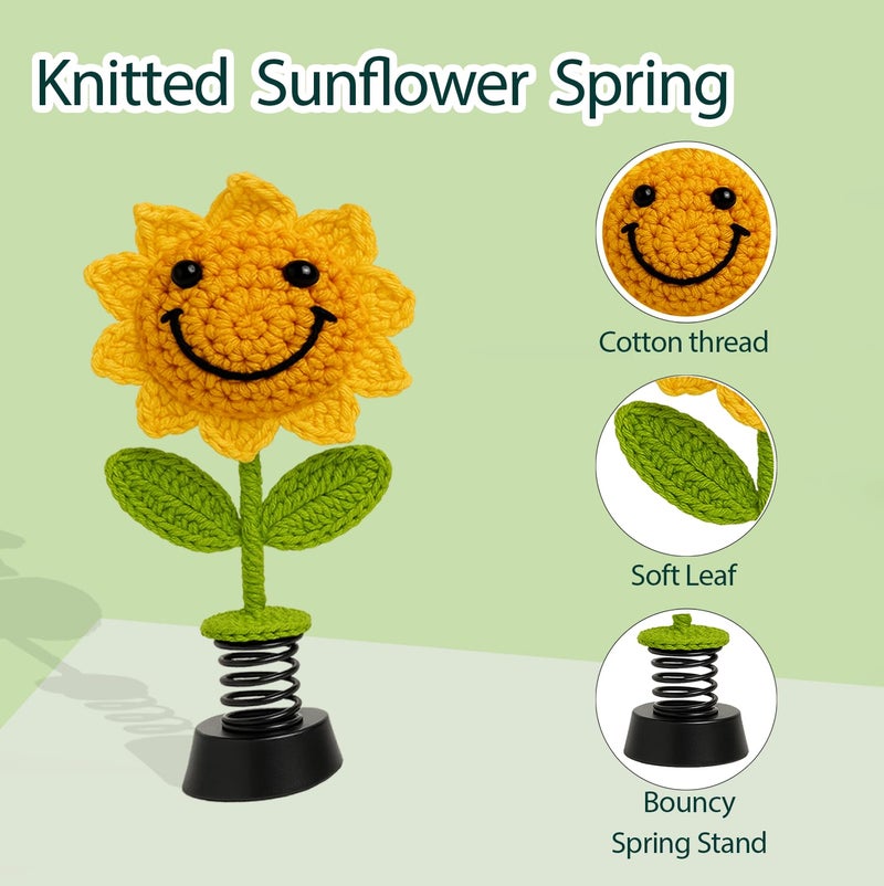 SYCAMORE EAST Handmade Crochet Sunflower Car Dashboard Decorations Gifts for Women, Cute Sun Flower Hippie Car Bobblehead Dashboard Decor, Smiley Face Mini Sunflower Spring Desk Decorations 1 PCS - Image 4