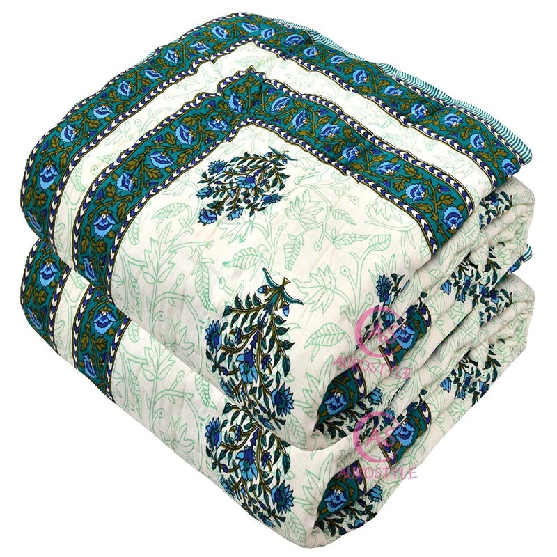 WORLDNEX 400 TC Pure Cotton Fabric/Filling Rajasthani Traditional Designs Printed Light Weight Jaipuri Single Bed Quilt/Razai/Rajai (Design 21) - Image 3