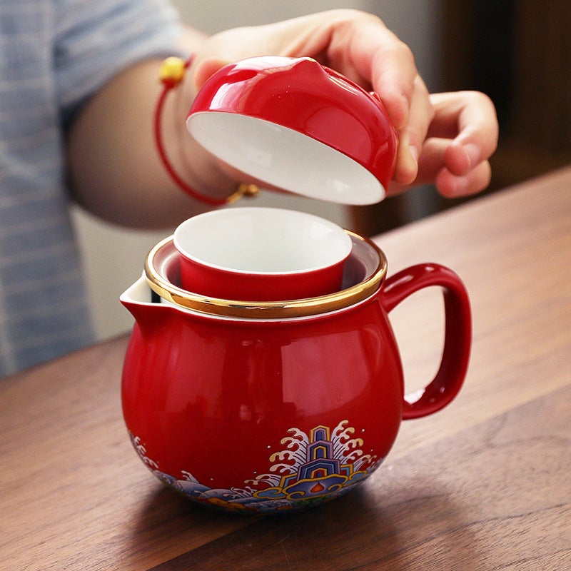 Creative Ceramic Drawing Gold Lucky Cat Office One Pot Two Cups Travel Portable Tea Set Three-Piece Scented Tea Filter Cup - Image 5