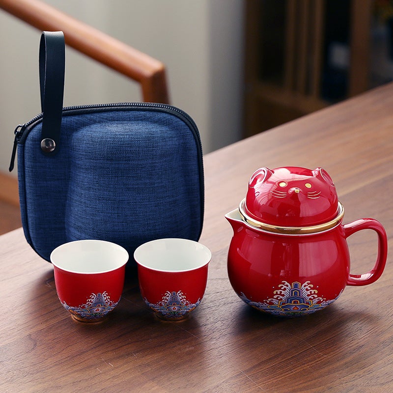 Creative Ceramic Drawing Gold Lucky Cat Office One Pot Two Cups Travel Portable Tea Set Three-Piece Scented Tea Filter Cup - Image 3