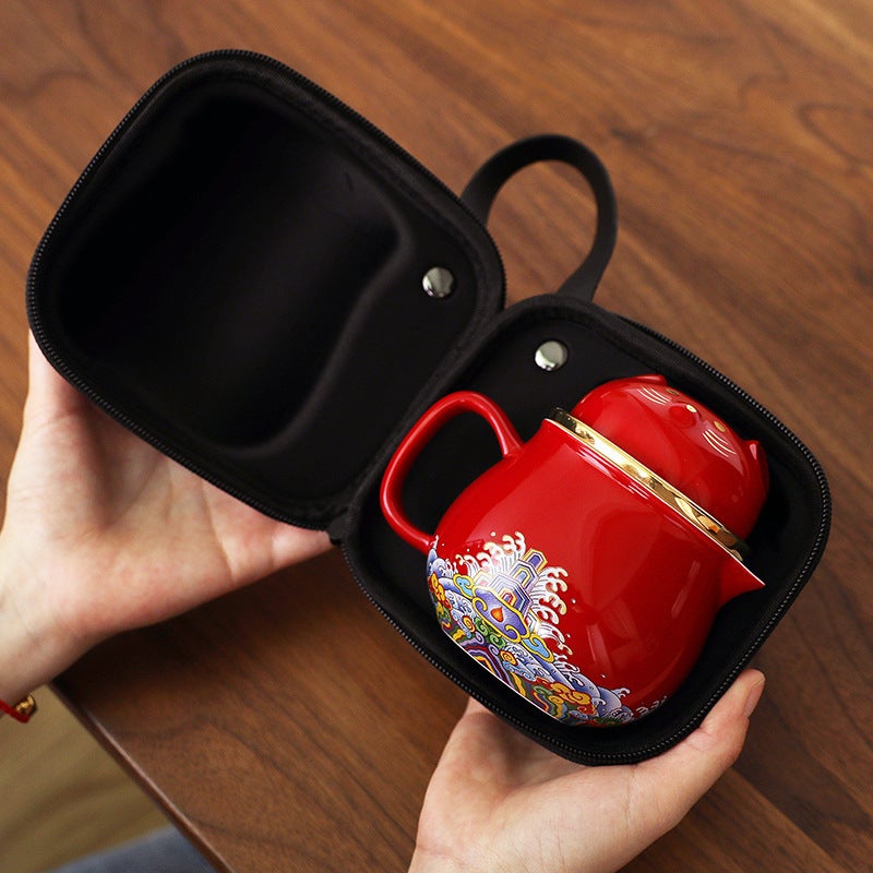 Creative Ceramic Drawing Gold Lucky Cat Office One Pot Two Cups Travel Portable Tea Set Three-Piece Scented Tea Filter Cup - Image 2