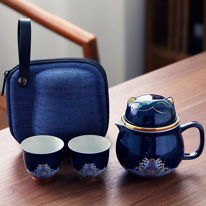 Creative Ceramic Drawing Gold Lucky Cat Office One Pot Two Cups Travel Portable Tea Set Three-Piece Scented Tea Filter Cup - Image 1
