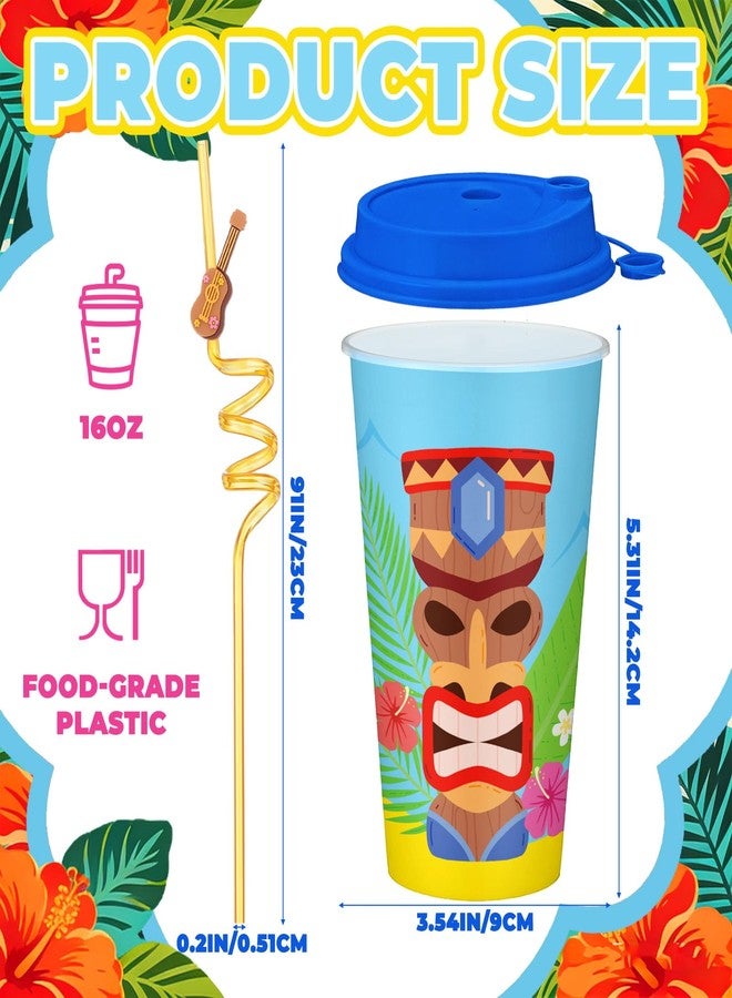 LemonRoad 24 Pcs Hawaiian Tropical Cup Tiki Party Decoration 16 oz Luau Cups with Straws Lids Reusable Plastic Tumbler Bulk Pineapple Drink Travel Mug for Summer Beach Pool Aloha Party Favor Supplies - Image 2
