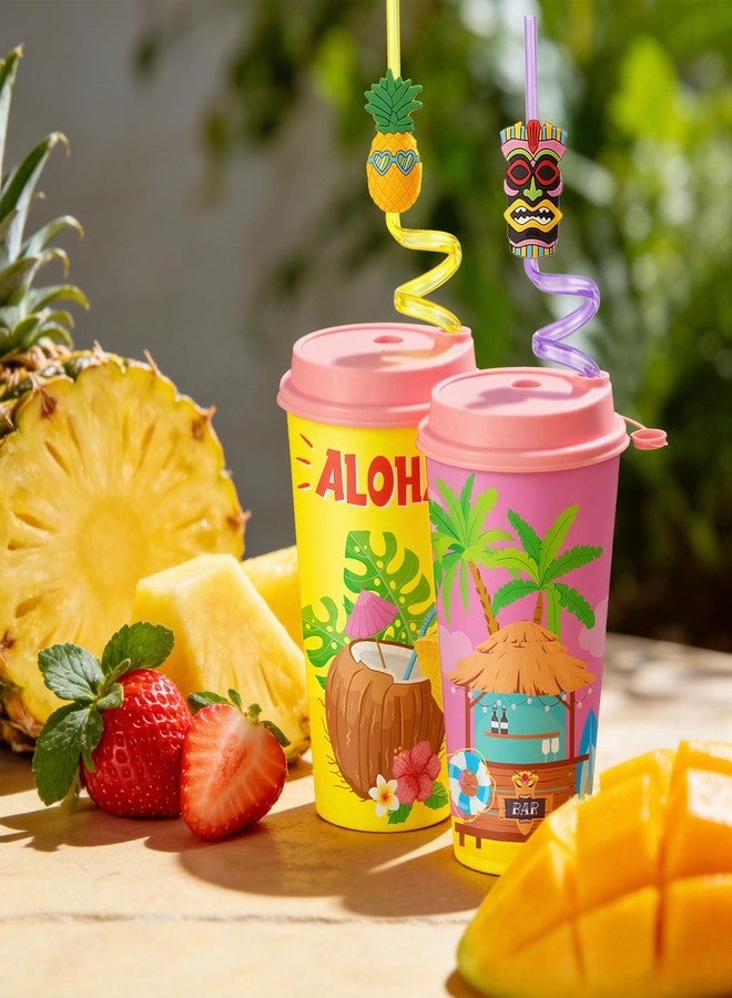 LemonRoad 24 Pcs Hawaiian Tropical Cup Tiki Party Decoration 16 oz Luau Cups with Straws Lids Reusable Plastic Tumbler Bulk Pineapple Drink Travel Mug for Summer Beach Pool Aloha Party Favor Supplies - Image 4