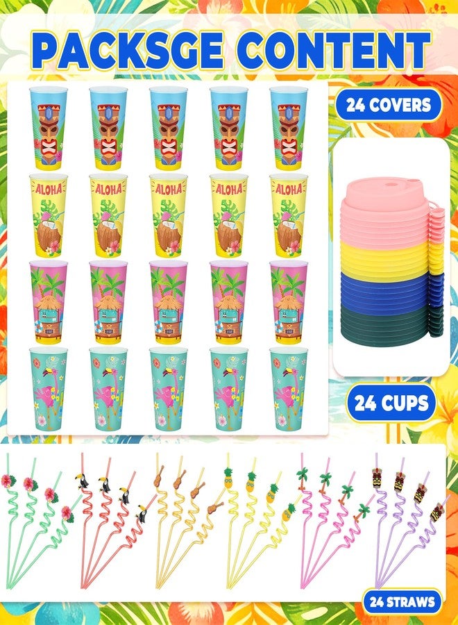 LemonRoad 24 Pcs Hawaiian Tropical Cup Tiki Party Decoration 16 oz Luau Cups with Straws Lids Reusable Plastic Tumbler Bulk Pineapple Drink Travel Mug for Summer Beach Pool Aloha Party Favor Supplies - Image 3