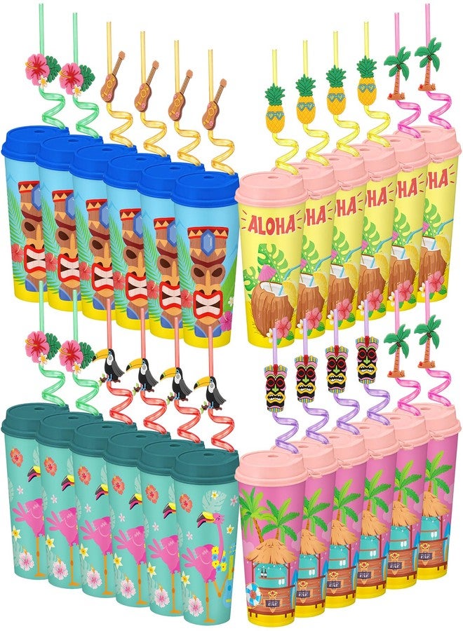 LemonRoad 24 Pcs Hawaiian Tropical Cup Tiki Party Decoration 16 oz Luau Cups with Straws Lids Reusable Plastic Tumbler Bulk Pineapple Drink Travel Mug for Summer Beach Pool Aloha Party Favor Supplies - Image 1