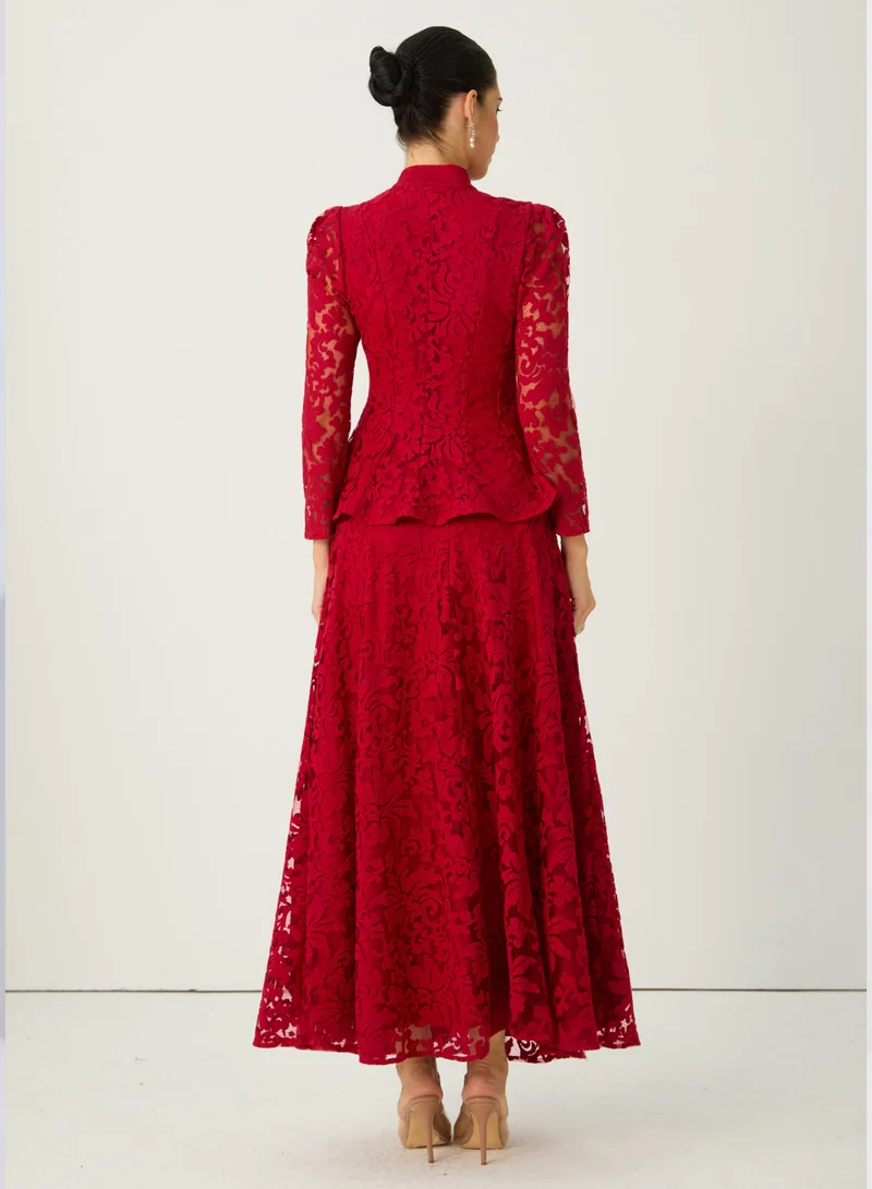 Sunfere  All This Allure Red Floral Embroidered Lace Top & Skirt Set for Women | Best Price UAE