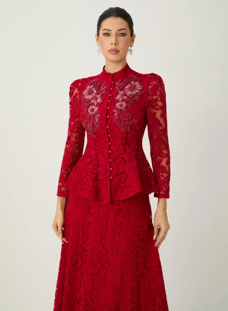 Sunfere  All This Allure Red Floral Embroidered Lace Top & Skirt Set for Women | Best Price UAE