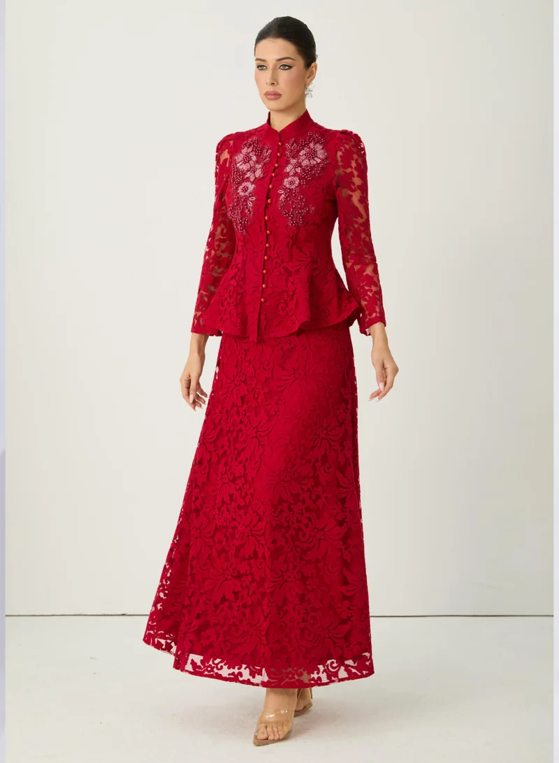 سنفير All This Allure Red Floral Embroidered Lace Top & Skirt Set