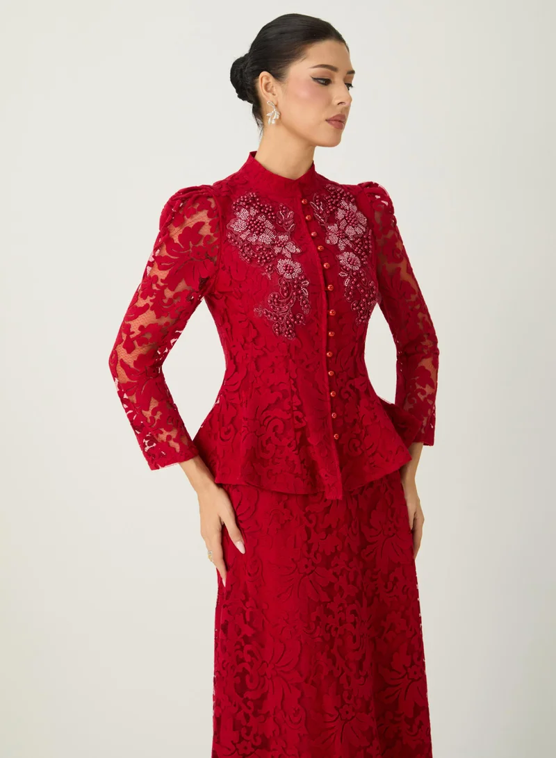 Sunfere  All This Allure Red Floral Embroidered Lace Top & Skirt Set for Women | Best Price UAE