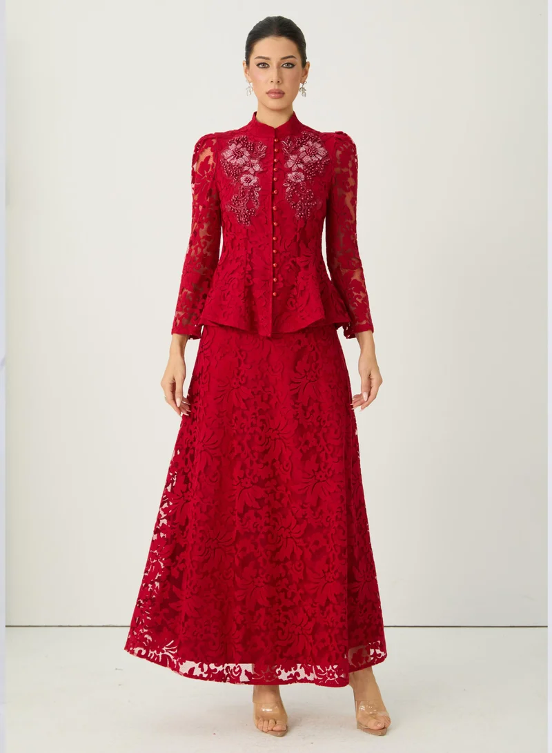 سنفير All This Allure Red Floral Embroidered Lace Top & Skirt Set