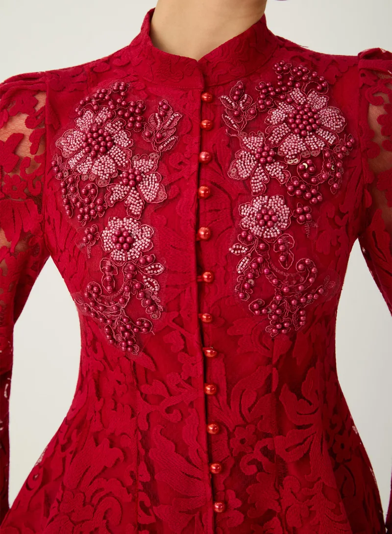 Sunfere  All This Allure Red Floral Embroidered Lace Top & Skirt Set for Women | Best Price UAE