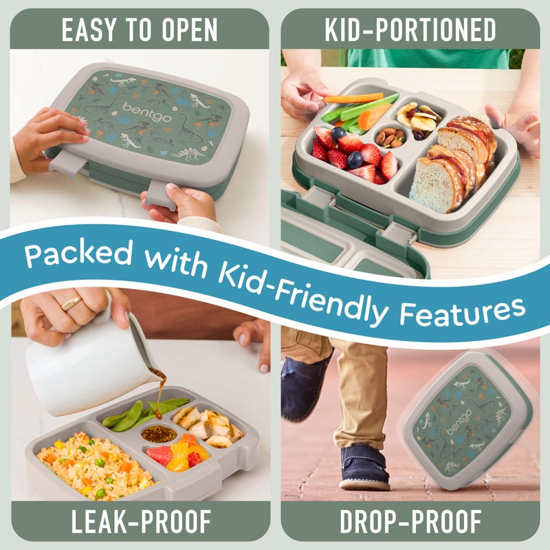 Bentgo Kids Prints Leak-Proof, 5-Compartment Bento-Style Kids Lunch Box - Ideal Portion Sizes for Ages 3-7, Durable, Drop-Proof, Dishwasher Safe, & Made with BPA-Free Materials (Dino Fossils) - Image 4