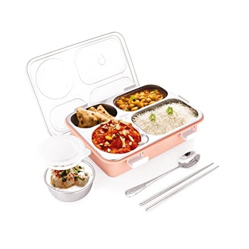 ATTRO Bento 4 Compartment Stainless Steel Lunch Box with 1 Small Bowl Inside, Steel Spoon & Chopstick, Heating & Water Insulation Design Use for School, Office & Travelling, 900 Ml - Pink - Image 1