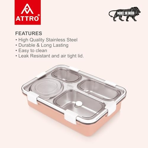 ATTRO Bento 4 Compartment Stainless Steel Lunch Box with 1 Small Bowl Inside, Steel Spoon & Chopstick, Heating & Water Insulation Design Use for School, Office & Travelling, 900 Ml - Pink - Image 5