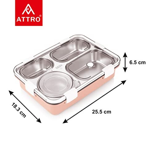 ATTRO Bento 4 Compartment Stainless Steel Lunch Box with 1 Small Bowl Inside, Steel Spoon & Chopstick, Heating & Water Insulation Design Use for School, Office & Travelling, 900 Ml - Pink - Image 2