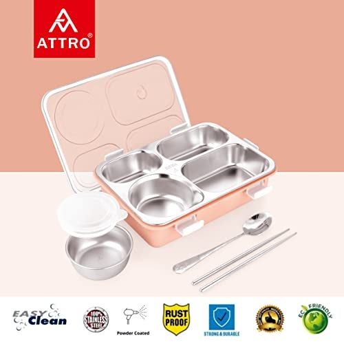 ATTRO Bento 4 Compartment Stainless Steel Lunch Box with 1 Small Bowl Inside, Steel Spoon & Chopstick, Heating & Water Insulation Design Use for School, Office & Travelling, 900 Ml - Pink - Image 3