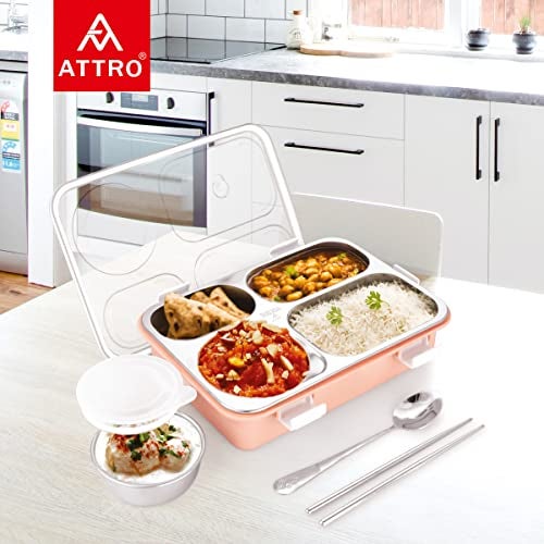 ATTRO Bento 4 Compartment Stainless Steel Lunch Box with 1 Small Bowl Inside, Steel Spoon & Chopstick, Heating & Water Insulation Design Use for School, Office & Travelling, 900 Ml - Pink - Image 4