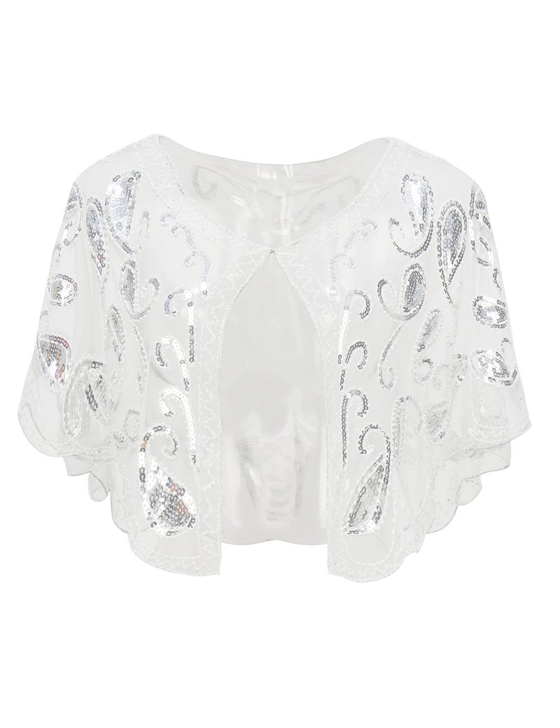 BABEYOND 1920s Shawl Wraps Sequin Beaded Evening Cape Bridal Shawl Bolero Flapper Cover Up (White) - Image 1