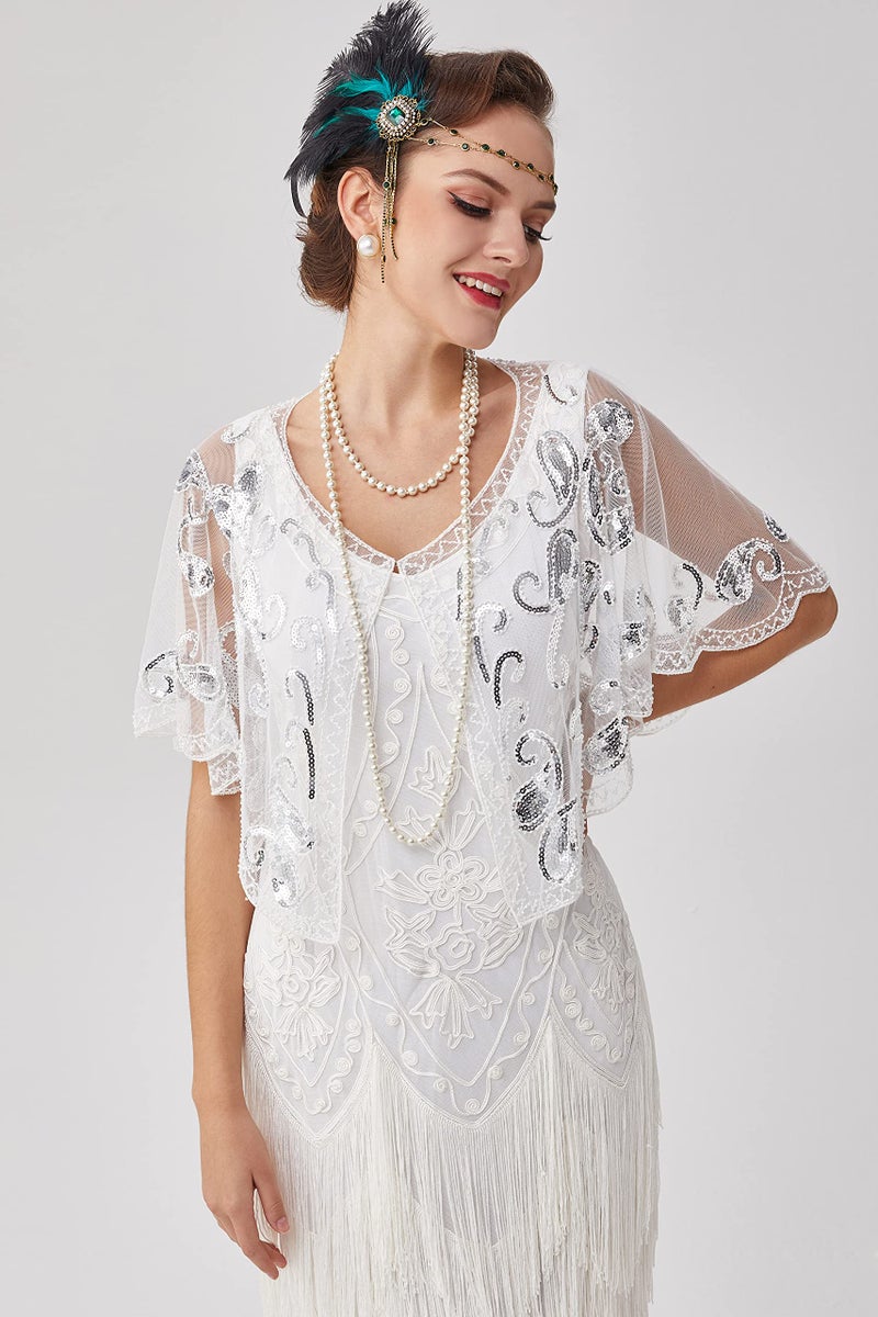 BABEYOND 1920s Shawl Wraps Sequin Beaded Evening Cape Bridal Shawl Bolero Flapper Cover Up (White) - Image 2