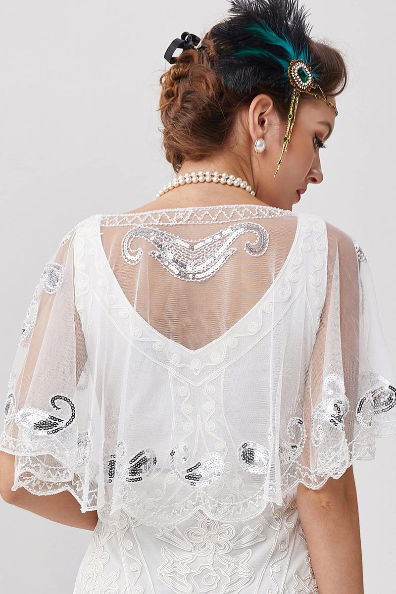 BABEYOND 1920s Shawl Wraps Sequin Beaded Evening Cape Bridal Shawl Bolero Flapper Cover Up (White) - Image 4