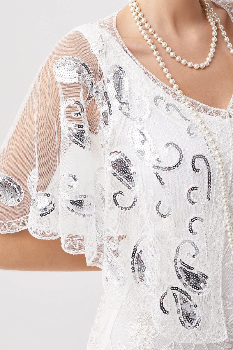 BABEYOND 1920s Shawl Wraps Sequin Beaded Evening Cape Bridal Shawl Bolero Flapper Cover Up (White) - Image 3