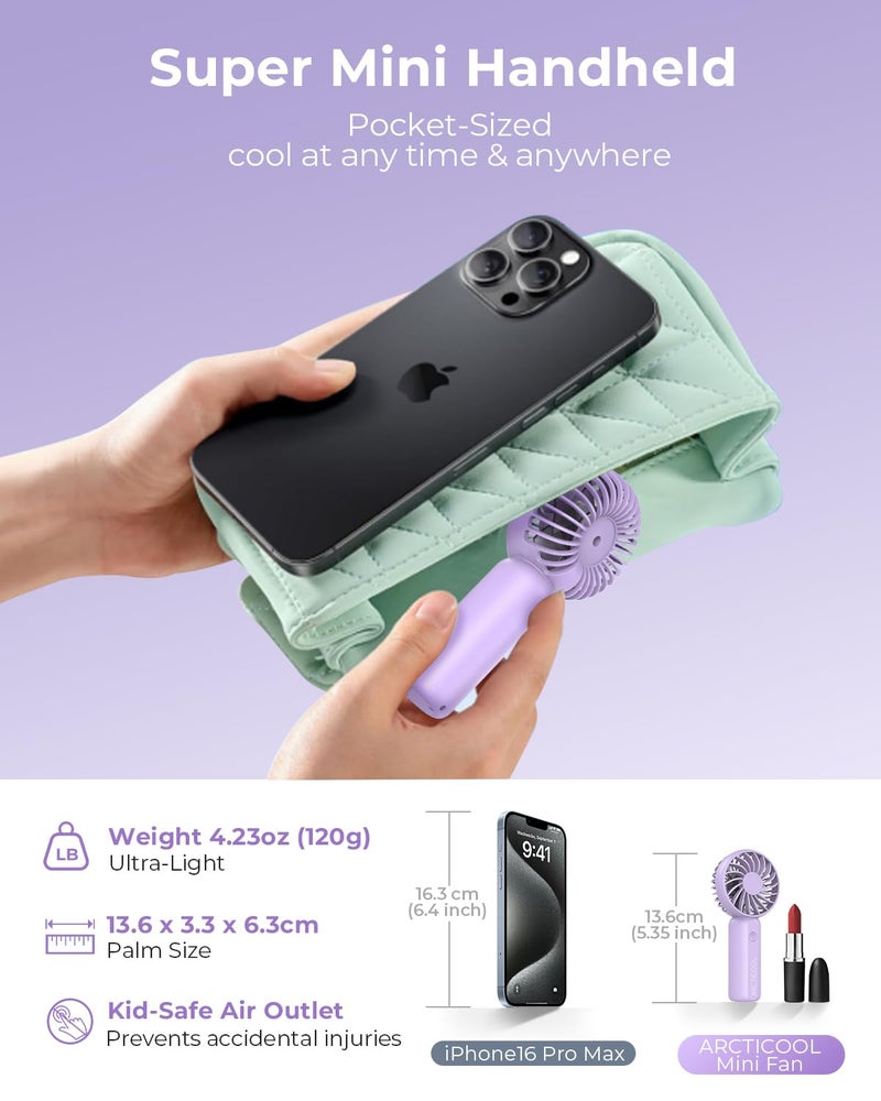ARCTICOOL Portable Mini Fan - Rechargeable Hand Fan with 3 Adjustable Speeds, 2000mAh Battery, Lightweight Design, Low Noise, and Easy Portability for Indoor and Outdoor Use (Purple) - Image 4