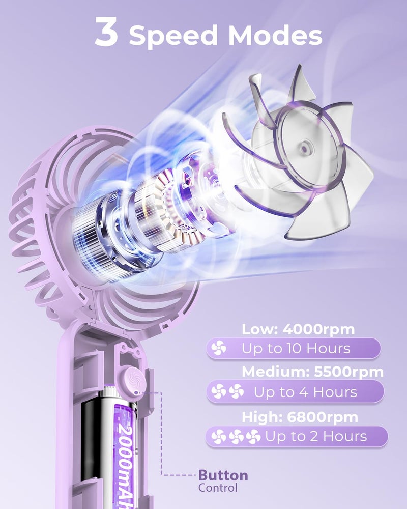 ARCTICOOL Portable Mini Fan - Rechargeable Hand Fan with 3 Adjustable Speeds, 2000mAh Battery, Lightweight Design, Low Noise, and Easy Portability for Indoor and Outdoor Use (Purple) - Image 2