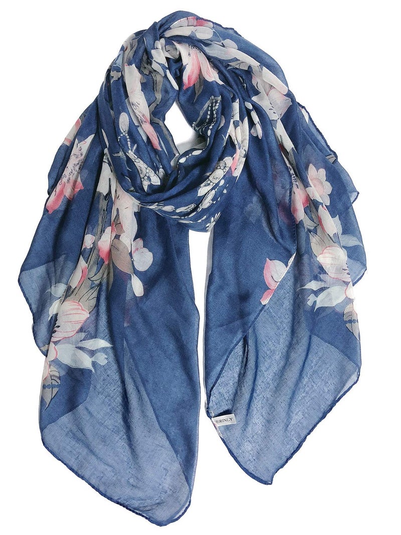 GERINLY Fashion Cotton Scarfs for Women Lightweight Flowers Print Long Hair Wrap Blue Floral Scarf Large Shawl(Denim) - Image 1