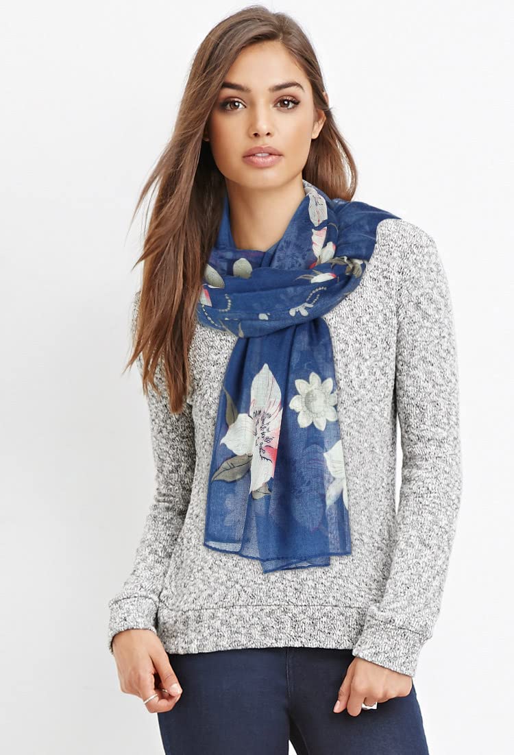 GERINLY Fashion Cotton Scarfs for Women Lightweight Flowers Print Long Hair Wrap Blue Floral Scarf Large Shawl(Denim) - Image 3