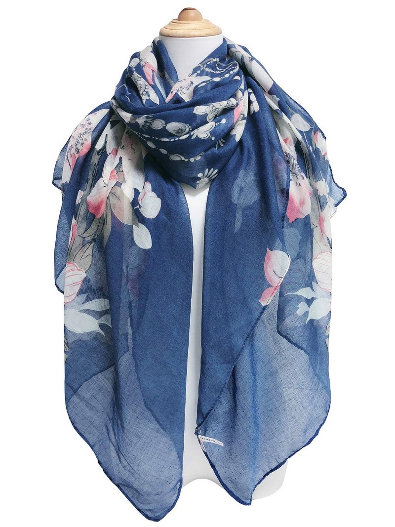 GERINLY Fashion Cotton Scarfs for Women Lightweight Flowers Print Long Hair Wrap Blue Floral Scarf Large Shawl(Denim) - Image 2