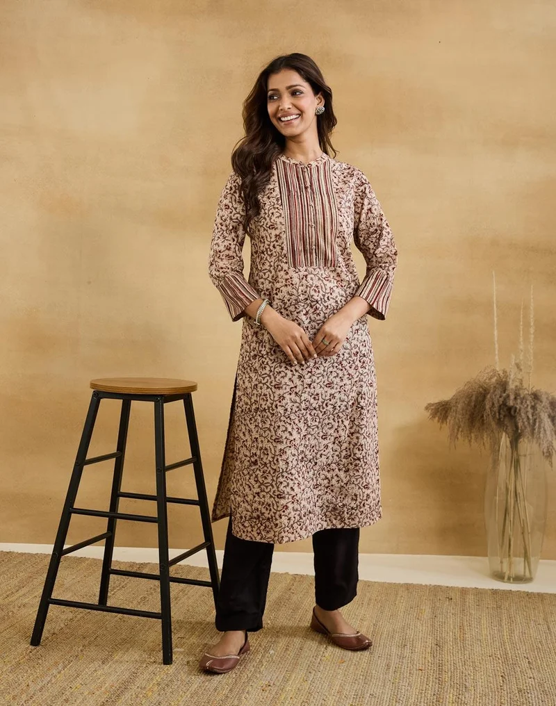 Fabindia Maroon Cotton Kalamkari Long Kurta