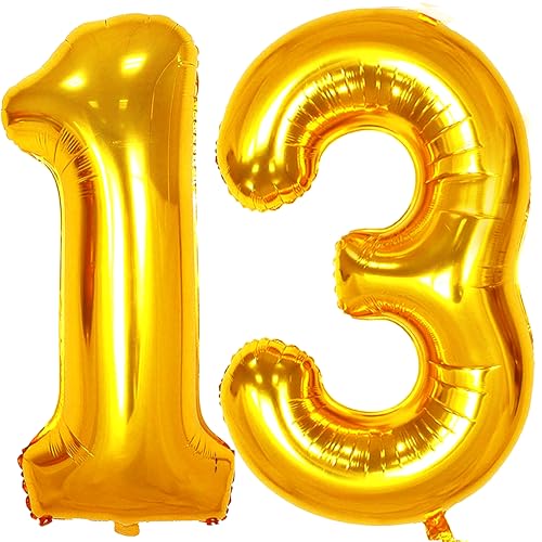 Jonhamwelbor 13 Number Balloons Gold Big Giant Jumbo Number 13 Foil Mylar Balloons for 13th Birthday Party Supplies 13 Anniversary Events Decorations - Image 1