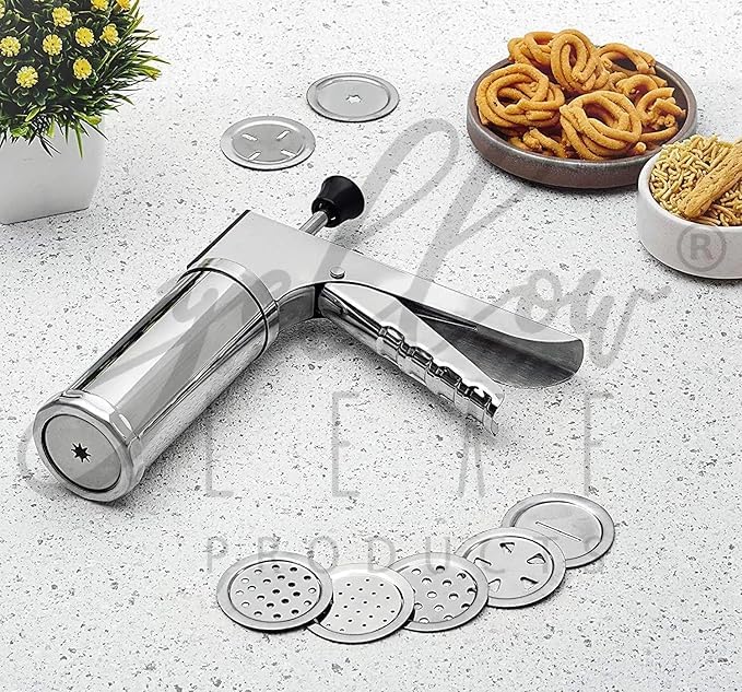 Saleberate Stainless Steel Kitchen Press for Noodles Murukku Namkeen and Snacks Manual Sancha Sev Chakli Gathiya Sevaiya Maker Silver Kitchen Tool  - Image 2