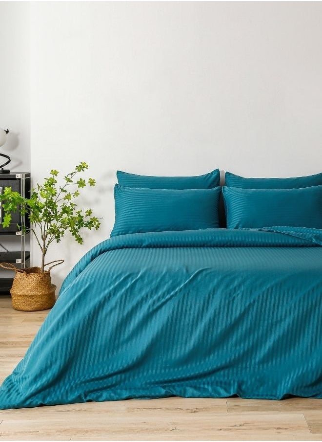 LUNA Home Premium 6 Piece King Size Duvet Cover Satin Stripe Solid Ocean Blue  - Image 1