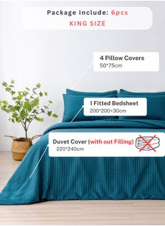 LUNA Home Premium 6 Piece King Size Duvet Cover Satin Stripe Solid Ocean Blue  - Image 2