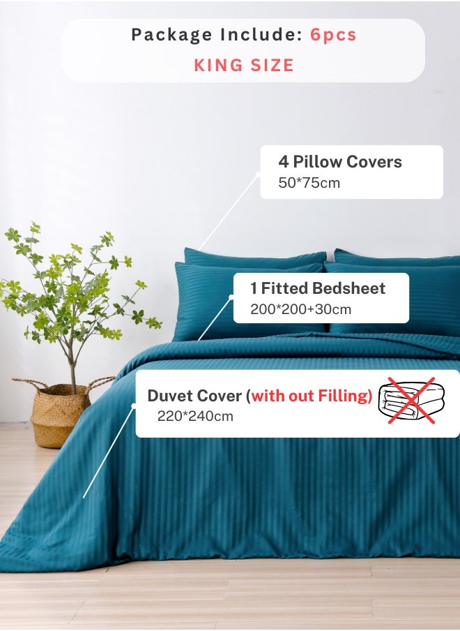 LUNA Home Premium 6 Piece King Size Duvet Cover Satin Stripe Solid Ocean Blue  - Image 2