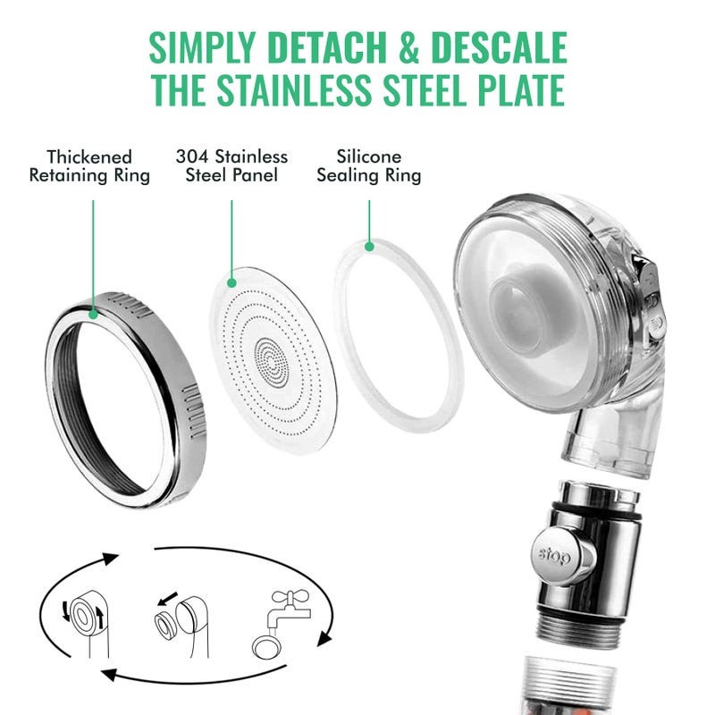 StoneStream Original StoneStream EcoPower High Pressure Handheld Shower Head with ON OFF switch- 3 Spray Settings with Hose, Wall Adapter and Replacement Beads - Image 5