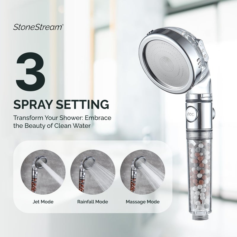 StoneStream Original StoneStream EcoPower High Pressure Handheld Shower Head with ON OFF switch- 3 Spray Settings with Hose, Wall Adapter and Replacement Beads - Image 4