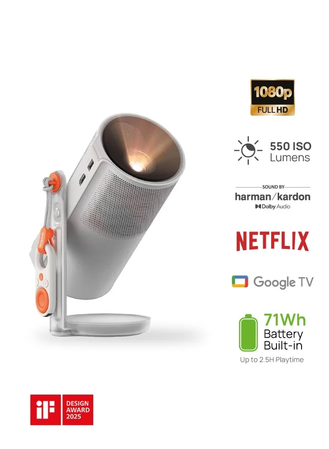 XGIMI MOGO 4 LASER | Triple Laser Portable Projector + 4 x Filters, 660 ANSI Lumens, Google TV, 2.5Hrs Movie Time, 360° Built-in Stand, 2x 6W Harman/Kardon Speakers for Home/Work/Camping