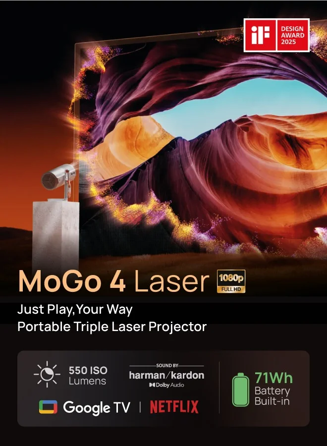 XGIMI MOGO 4 LASER | Triple Laser Portable Projector + 4 x Filters, 660 ANSI Lumens, Google TV, 2.5Hrs Movie Time, 360° Built-in Stand, 2x 6W Harman/Kardon Speakers for Home/Work/Camping