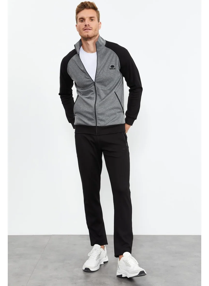 Tommy Life Gray Melange-Black Men's Stand Collar Double Color Slim Fit Classic Leg Tracksuit SET-85113
