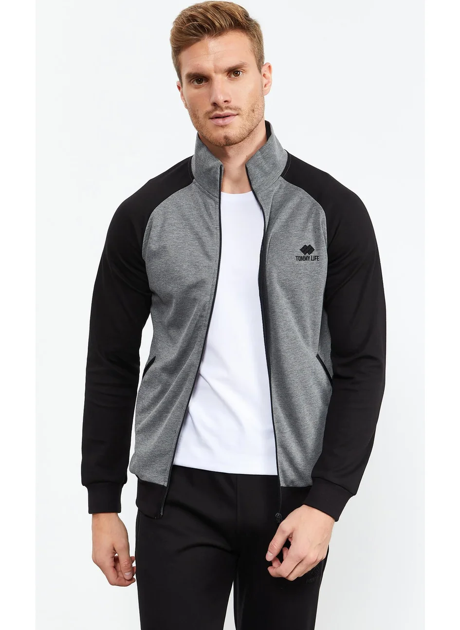 Tommy Life Gray Melange-Black Men's Stand Collar Double Color Slim Fit Classic Leg Tracksuit SET-85113