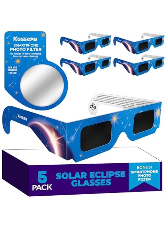 Arabest Solar Eclipse Glasses Approved 2024, (5 Pack) CE and ISO Certified Solar Eclipse Observation Glasses, Safe Shades for Direct Sun Viewing, Bonus Smartphone Photo Filter Lens, Blue Stars Design  - Image 1