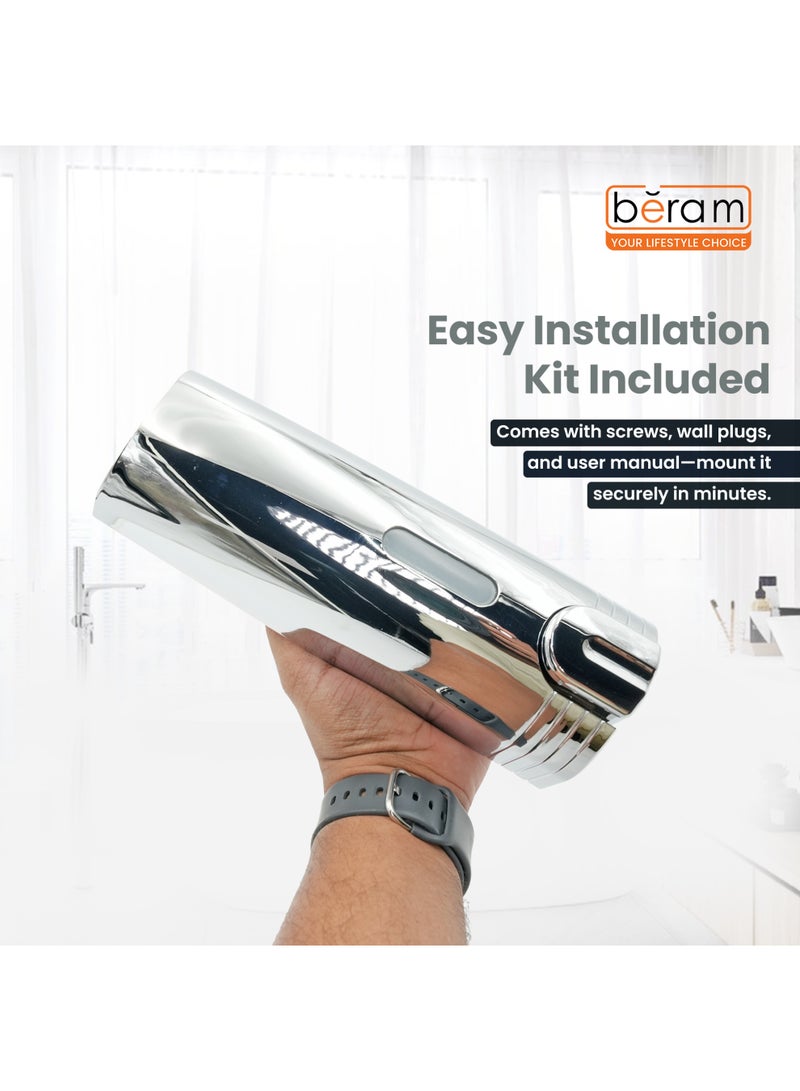 Beram Wall Mounted Chrome Finished Soap Dispenser 400ml Refillable Glossy Silver Liquid Dispenser for Bathroom & Kitchen Sleek Push Button Design - Image 3