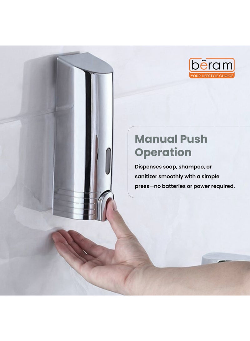 Beram Wall Mounted Chrome Finished Soap Dispenser 400ml Refillable Glossy Silver Liquid Dispenser for Bathroom & Kitchen Sleek Push Button Design - Image 5