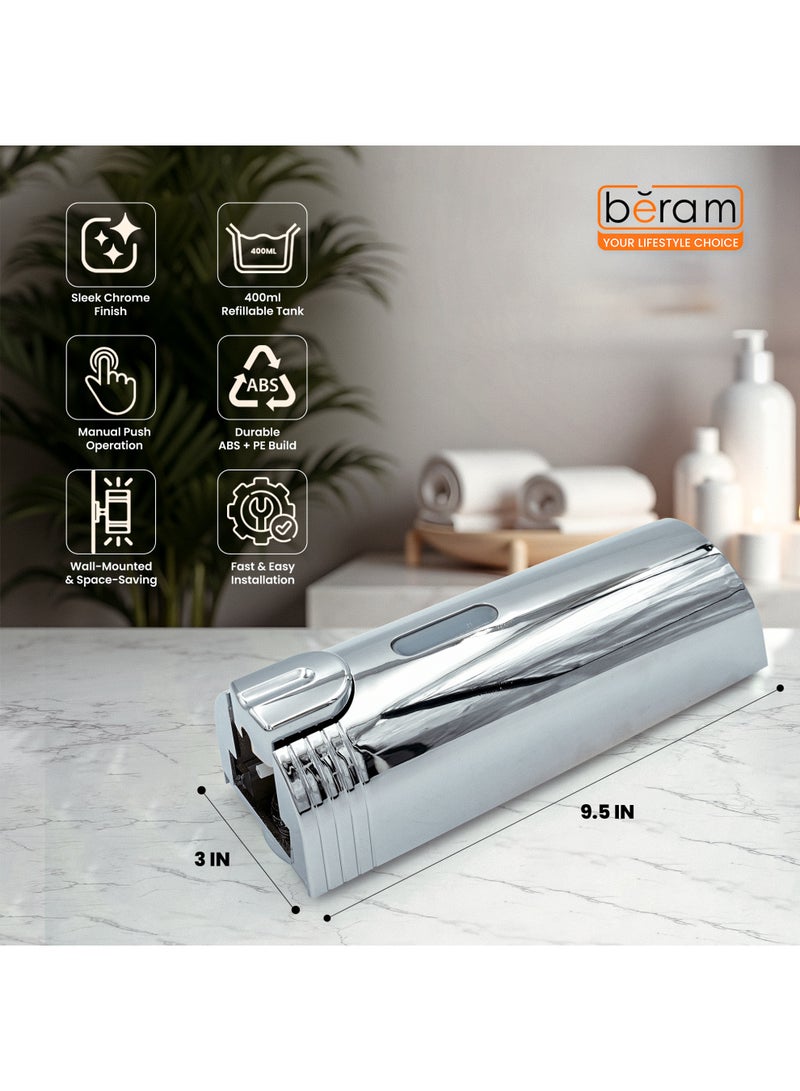 Beram Wall Mounted Chrome Finished Soap Dispenser 400ml Refillable Glossy Silver Liquid Dispenser for Bathroom & Kitchen Sleek Push Button Design - Image 2