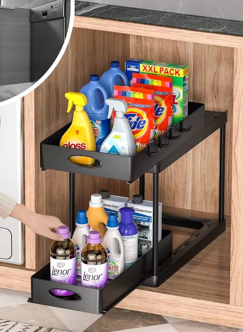 2pcs Storage Racks Pull-Type Double-Layer Kitchen Storage Rack,Double Sliding Under Bathroom Cabinet Organization, Kitchen Storage with Hooks,Black(39*21.6*29 cm)  - Image 4