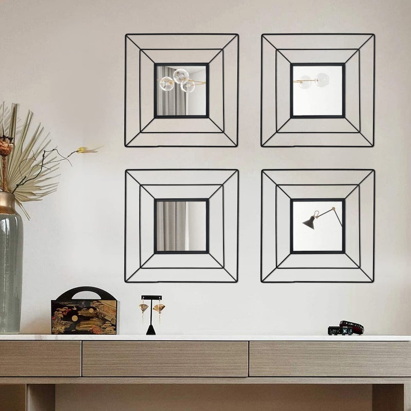 Cityelf 4 Set Square Black Mirrors for Wall Metal Mirrors for Home Dcor Decorative Mirrors Hanging Horizontal or Vertical 4 Set Square Wires 4 