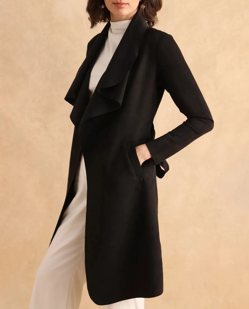 Rareism Rareism Women Palmer 2 Black Suede Full Sleeve Waterfall Neck Boxy Fit Midi Plain Jacket